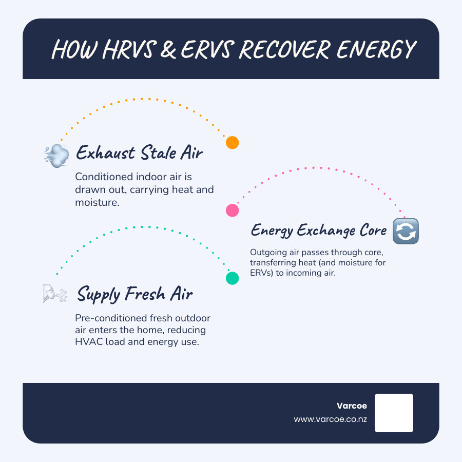 Diagram showing how an ERV system works, with heat and moisture transfer between incoming and outgoing air streams in an Auckland home - Energy efficient ventilation infographic infographic-line-3-steps-blues-accent_colors