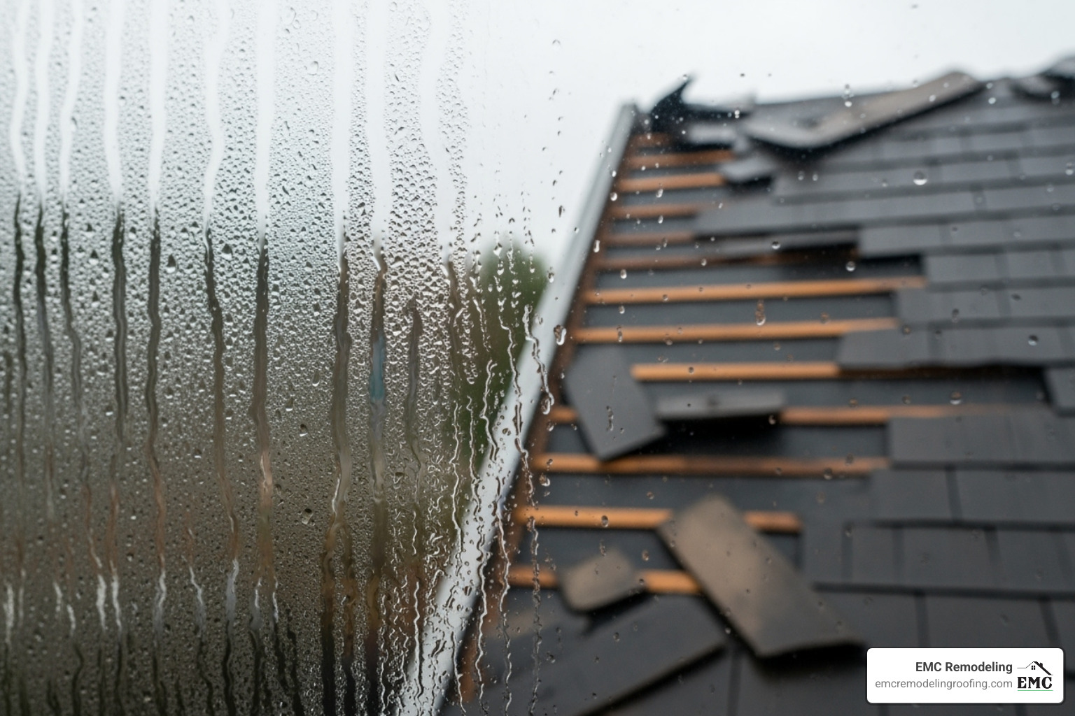 A foggy window and a roof with missing shingles - replacement windows cedar park
