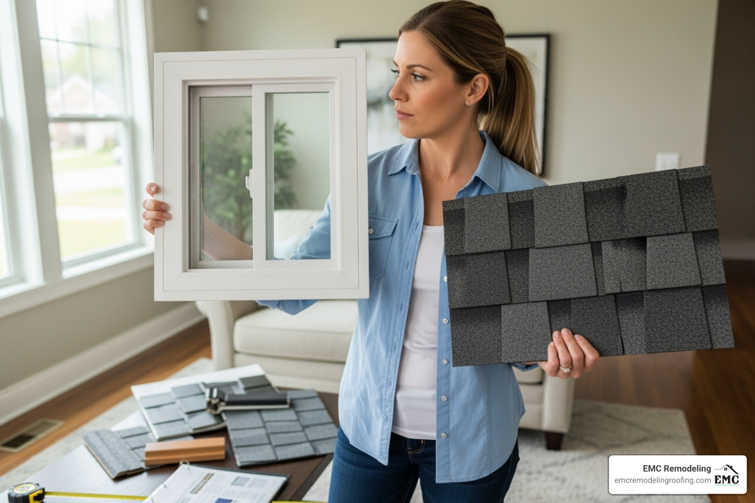 A homeowner comparing window and roofing material samples - replacement windows cedar park