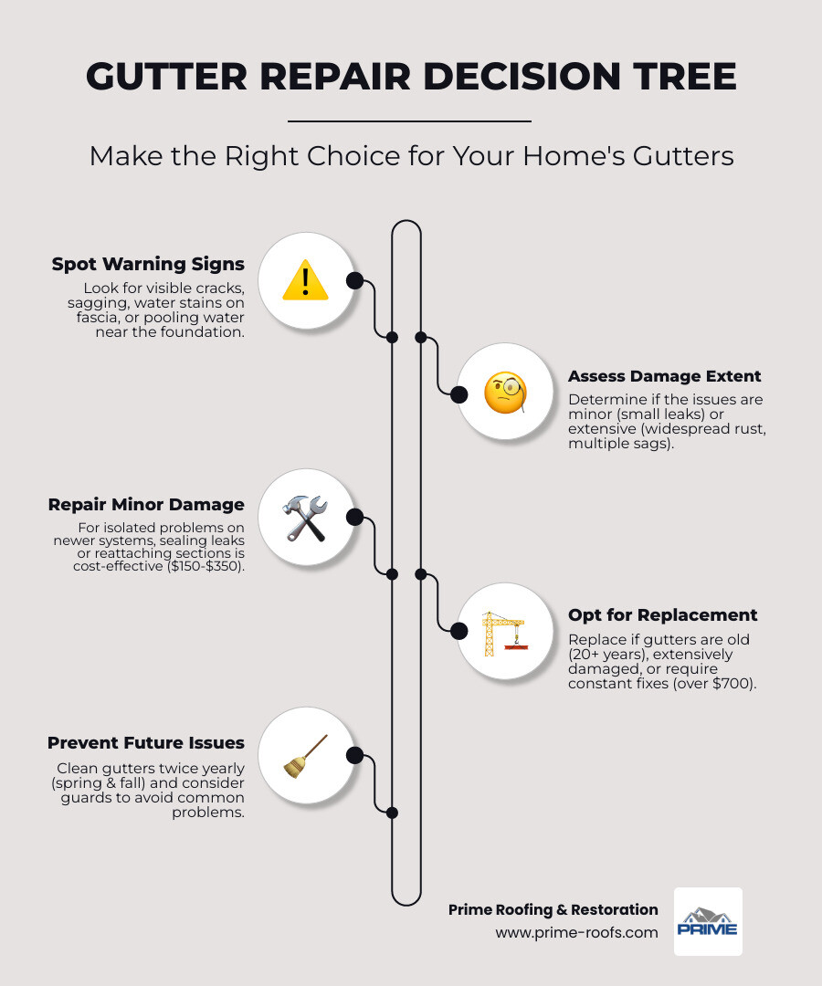 Infographic showing gutter repair decision tree: starting with inspection signs (cracks, sagging, water stains), branching to repair options for minor damage under $350, replacement considerations for systems over 20 years old or with extensive damage over $700, and prevention strategies including twice-yearly cleaning and gutter guard installation - Gutter repair services infographic infographic-line-5-steps-elegant_beige Infographic showing gutter repair decision tree: starting with inspection signs (cracks, sagging, water stains), branching to repair options for minor damage under $350, replacement considerations for systems over 20 years old or with extensive damage over $700, and prevention strategies including twice-yearly cleaning and gutter guard installation - Gutter repair services infographic infographic-line-5-steps-elegant_beige