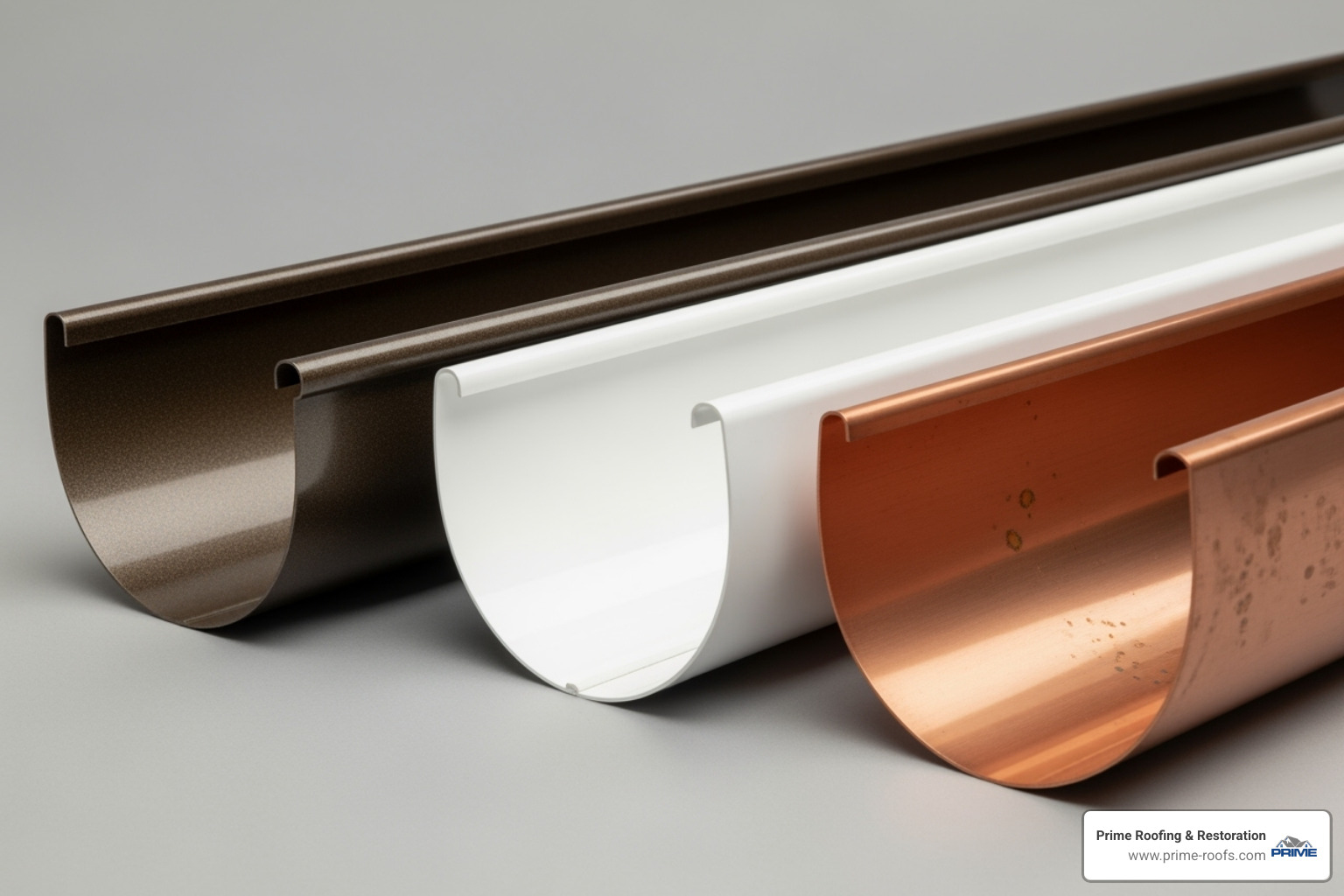 showing samples of aluminum, vinyl, and copper gutters - Gutter repair services showing samples of aluminum, vinyl, and copper gutters - Gutter repair services