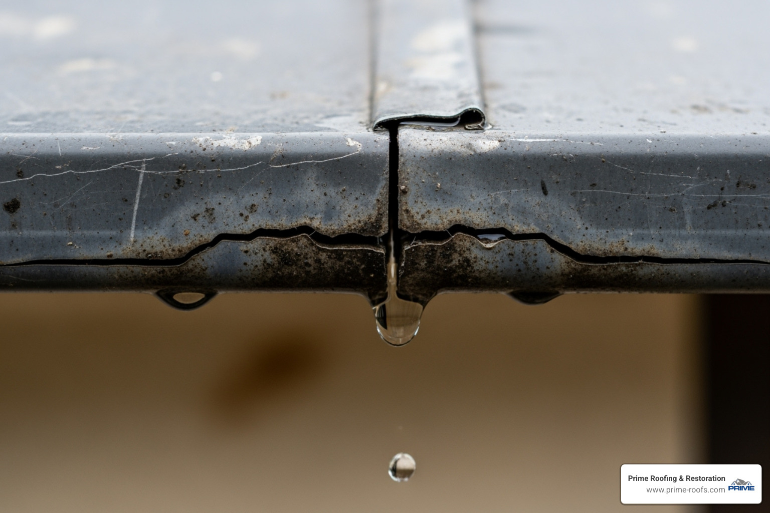 close-up of a cracked gutter seam with water dripping - Gutter repair services close-up of a cracked gutter seam with water dripping - Gutter repair services