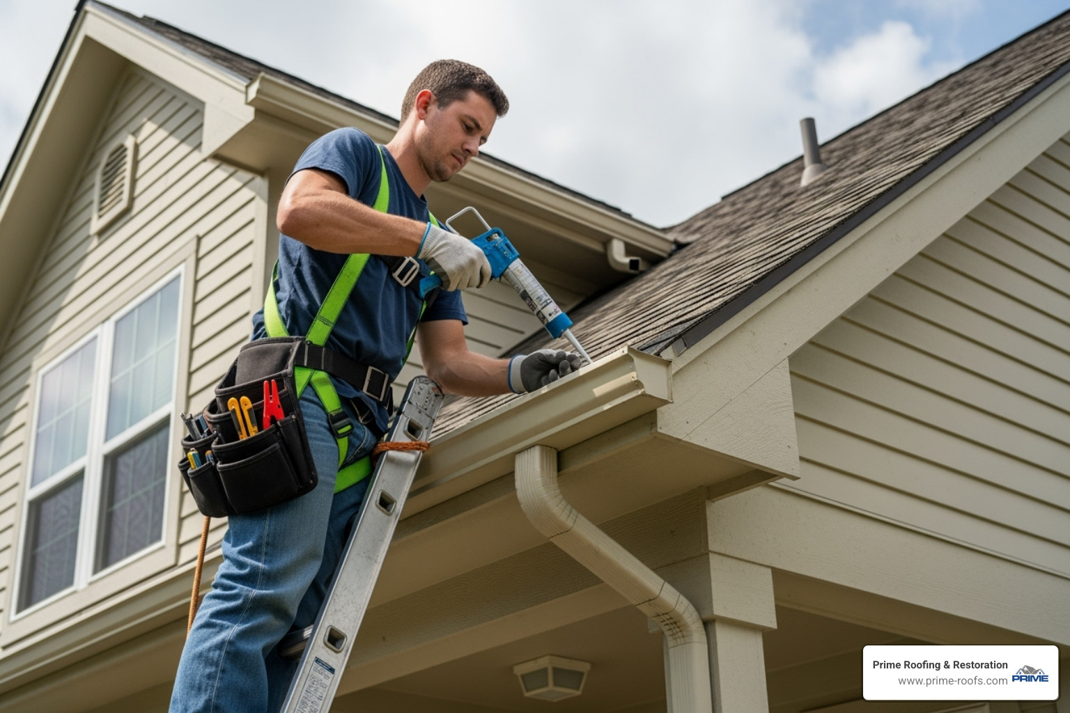 a professional on a ladder safely performing a gutter repair - Gutter repair services a professional on a ladder safely performing a gutter repair - Gutter repair services
