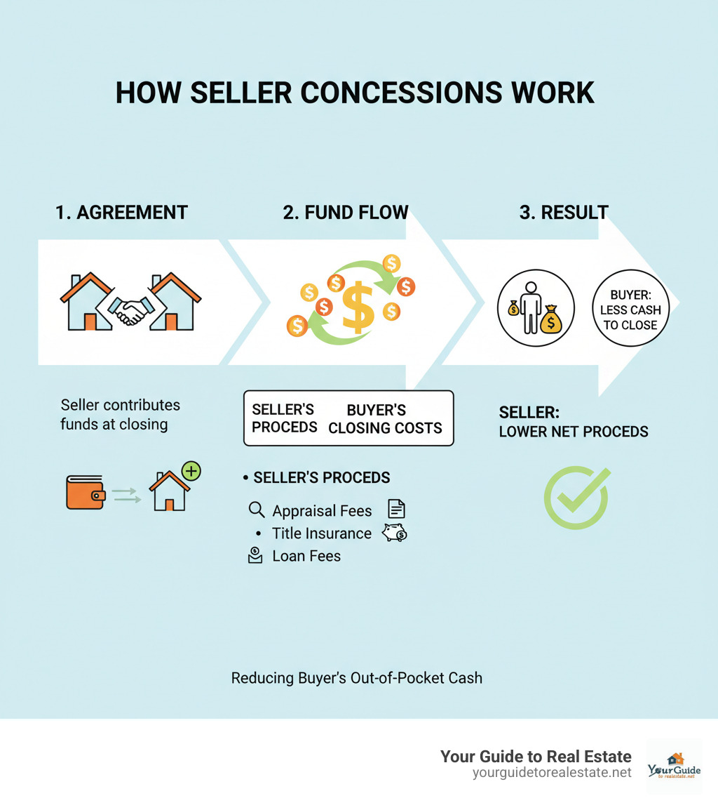 Infographic showing how seller concessions work: Seller agrees to contribute funds at closing, reducing buyer's out-of-pocket cash needed. Money flows from seller's proceeds to cover buyer's closing costs like appraisal fees, title insurance, and loan fees. Final result shows buyer bringing less cash to closing while seller receives lower net proceeds from sale. - what are concessions infographic 