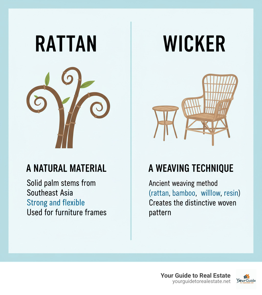 Infographic showing the fundamental difference between rattan and wicker: On the left, an illustration of rattan palm vines labeled 'Rattan: A Natural Material - Solid palm stems from Southeast Asia, Strong and flexible, Used for furniture frames'; On the right, an illustration of woven furniture labeled 'Wicker: A Weaving Technique - Ancient weaving method, Can use many materials (rattan, bamboo, willow, resin), Creates the distinctive woven pattern' - wicker vs rattan infographic 