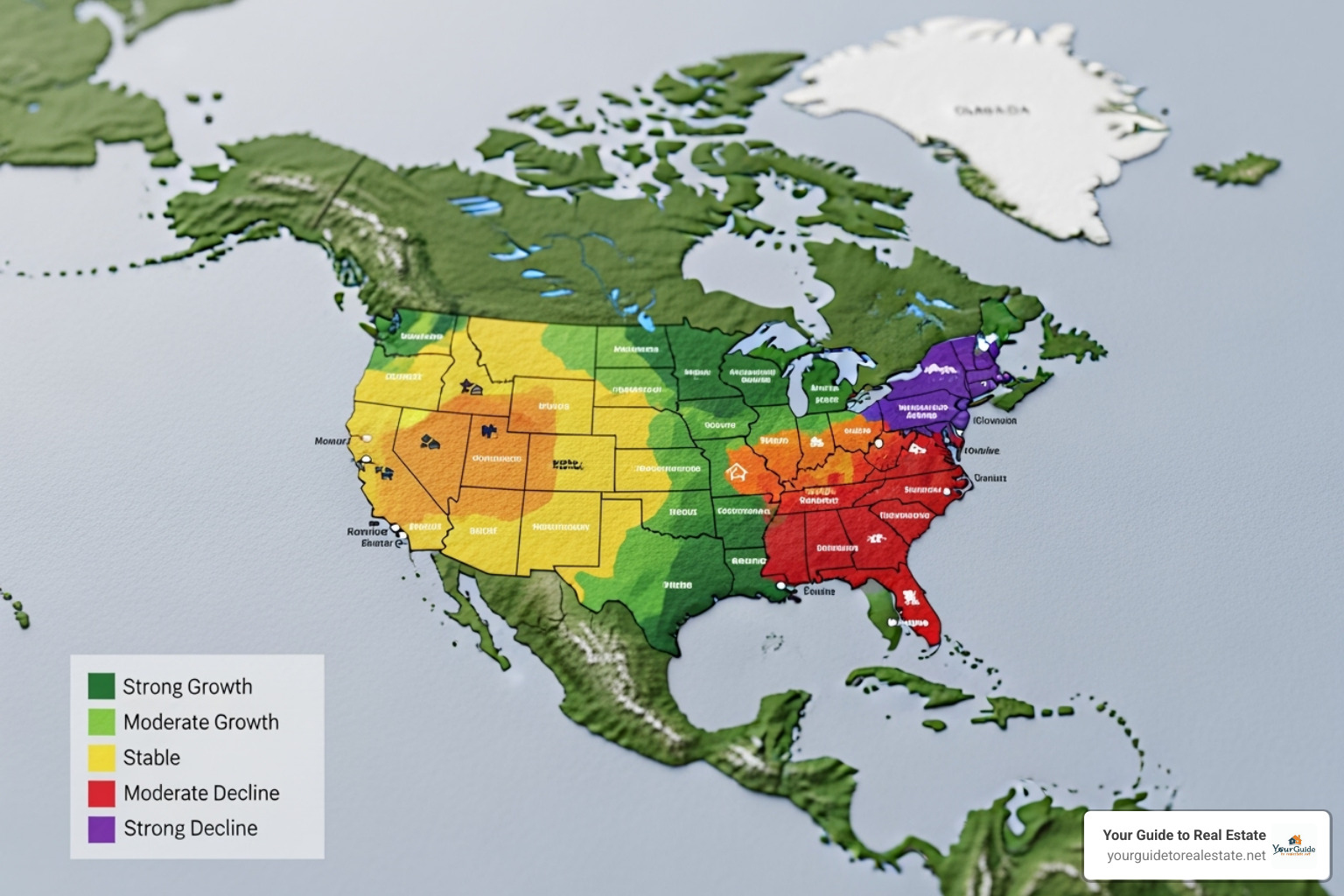 a map of North America highlighting different housing market trends - 2025 housing market