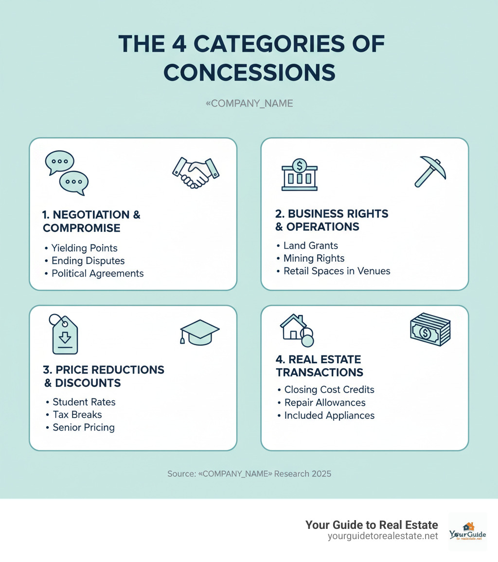 Infographic showing the four main categories of concessions: 1) Negotiation & Compromise (yielding points, ending disputes, political agreements), 2) Business Rights & Operations (land grants, mining rights, retail spaces in venues), 3) Price Reductions & Discounts (student rates, tax breaks, senior pricing), and 4) Real Estate Transactions (closing cost credits, repair allowances, included appliances) - concessions meaning infographic 