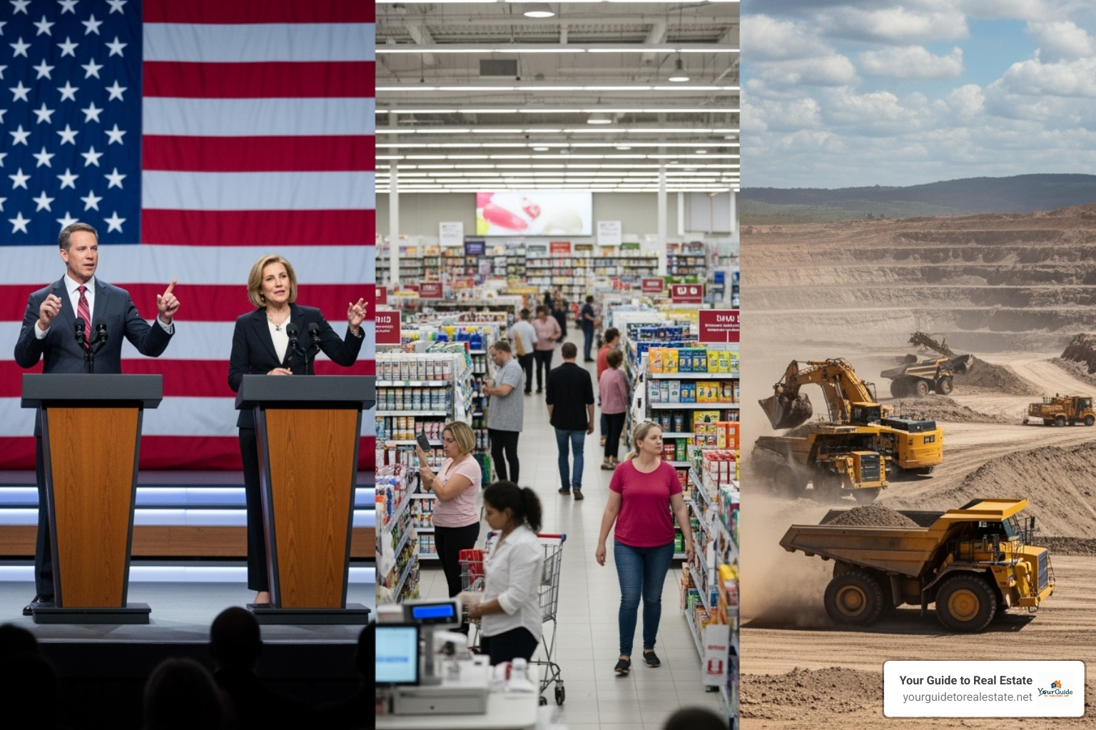 a collage showing different contexts like a political debate, a retail store, and a mining operation - concessions meaning