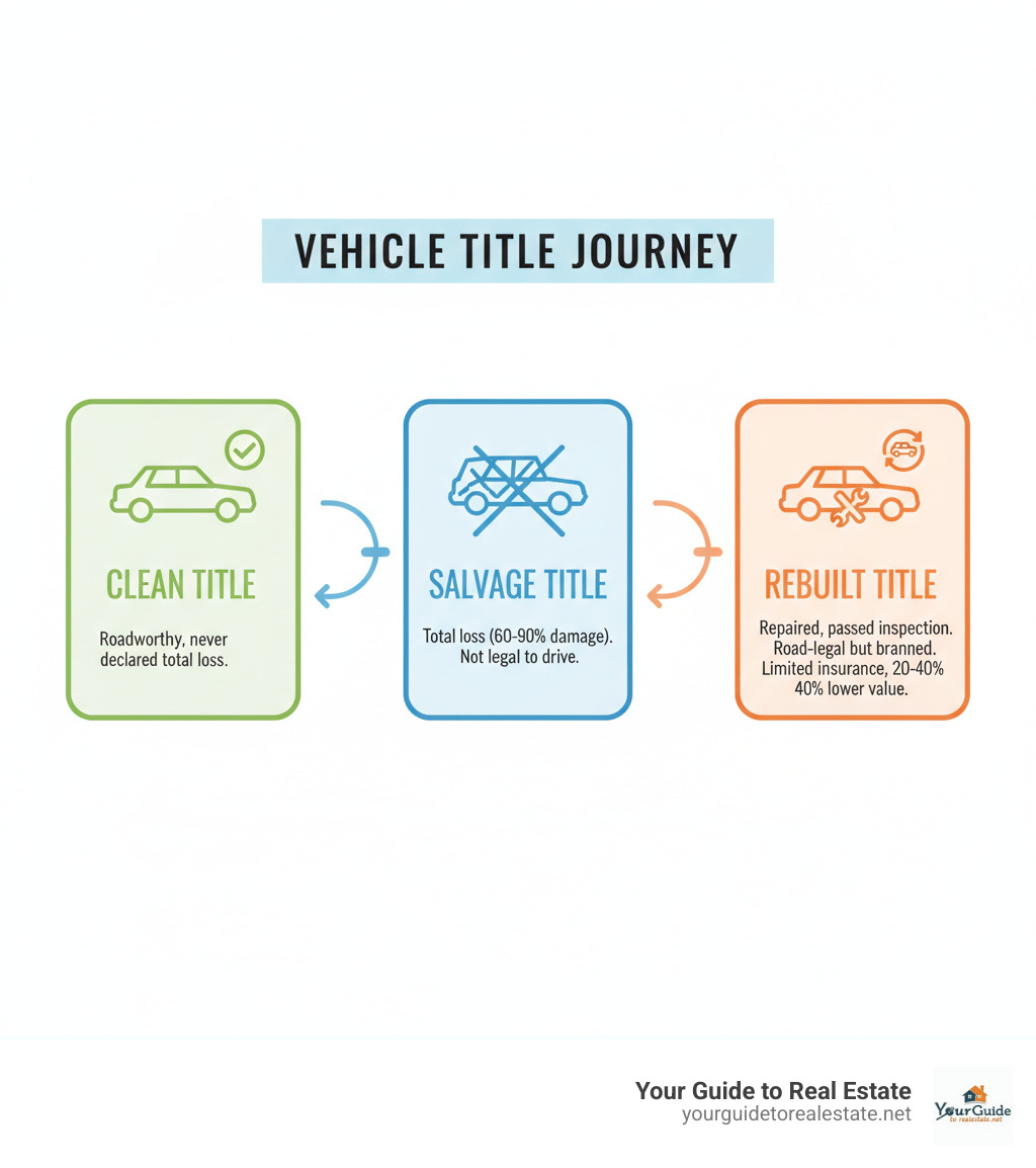 Infographic showing the vehicle title journey: Clean Title (green) - vehicle is roadworthy and has never been declared a total loss; arrow pointing to Salvage Title (blue) - vehicle declared a total loss by insurer due to damage exceeding 60-90% of value, not legal to drive; arrow pointing to Rebuilt Title (orange) - vehicle has been repaired, passed state inspection, and is now road-legal but permanently branded, with limited insurance options and 20-40% lower market value - rebuilt title insurance infographic 