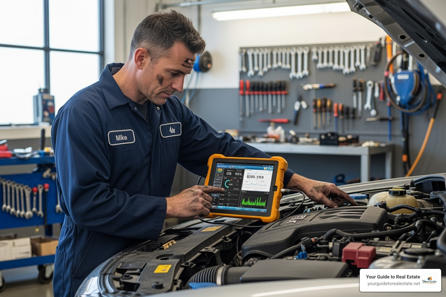 mechanic using diagnostic tool - rebuilt title insurance