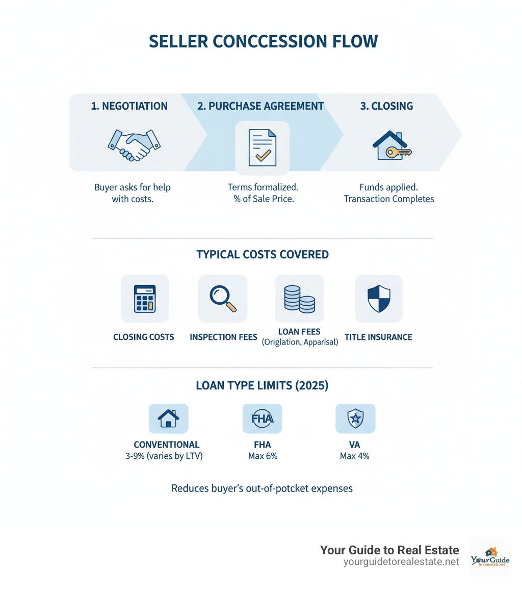infographic showing seller concession flow from negotiation to purchase agreement to closing with typical costs covered and loan type limits - what are seller concessions infographic infographic showing seller concession flow from negotiation to purchase agreement to closing with typical costs covered and loan type limits - what are seller concessions infographic