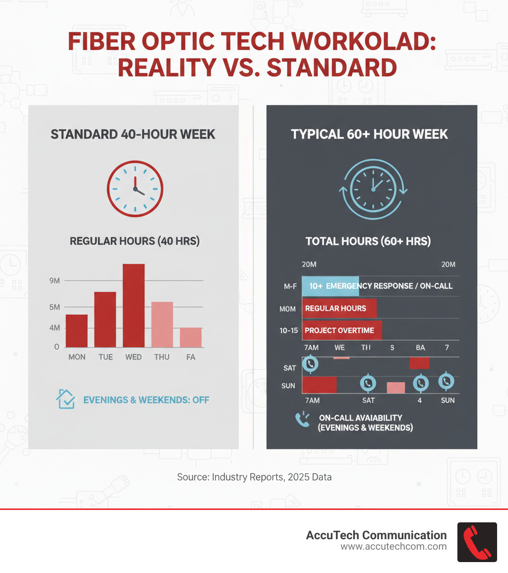 Infographic showing a standard 40-hour workweek for a fiber optic technician compared to a 60+ hour week with overtime and on-call duties, including breakdown of regular hours, project overtime, emergency response time, and on-call availability across weekdays, evenings, and weekends - how many hours does a fiber optic technician work infographic 