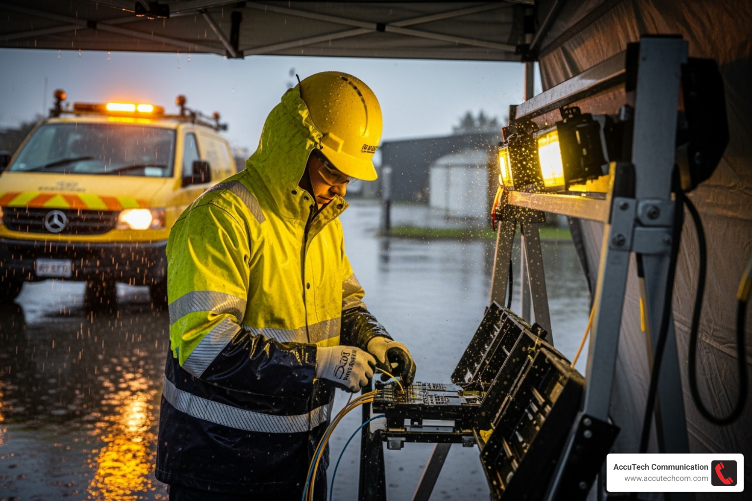 fiber optic technician working in the rain - how many hours does a fiber optic technician work