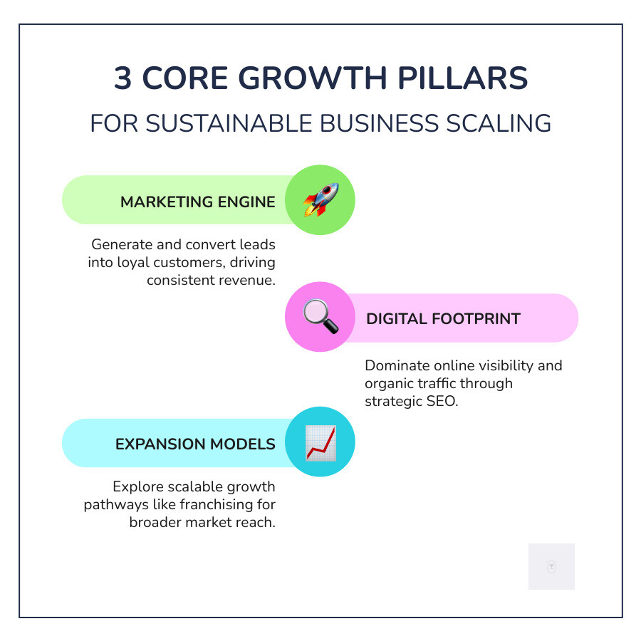 Business growth pillars: Marketing Engine, Digital Footprint, and Expansion Models - leads in marketing infographic infographic-line-3-steps-colors