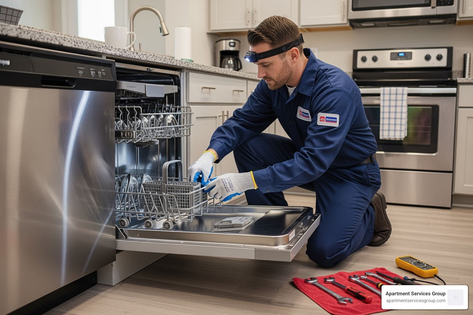 A professional maintenance worker efficiently fixing an appliance - apartment management houston A professional maintenance worker efficiently fixing an appliance - apartment management houston