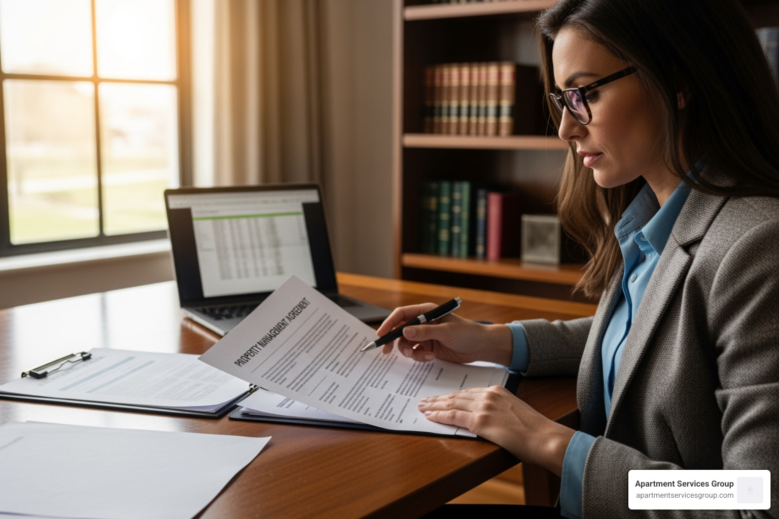 A property owner reviewing a management agreement - apartment management houston A property owner reviewing a management agreement - apartment management houston