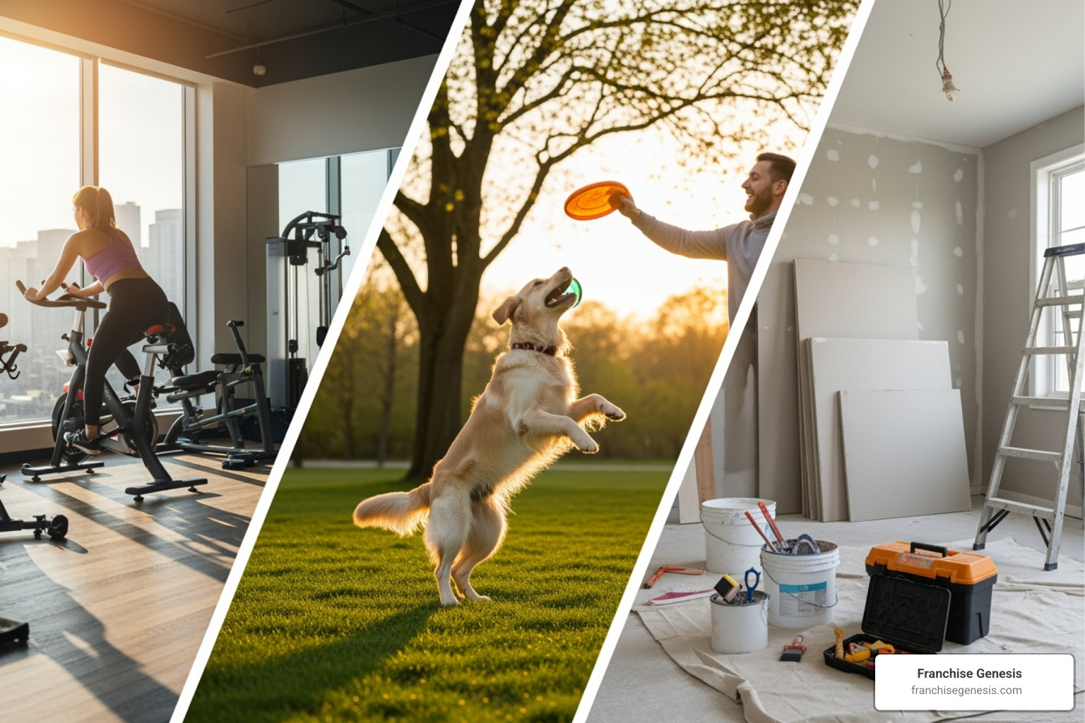 Collage representing various growth industries like a person exercising (wellness), a happy dog (pet care), and a home being renovated (home services). - franchise trends