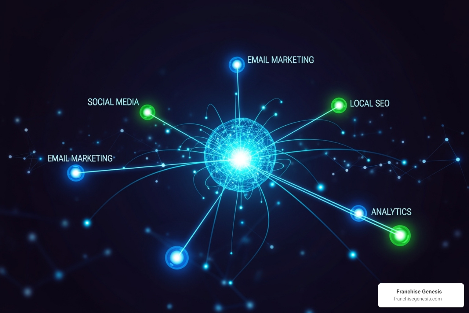 Image illustrating a central franchise marketing hub supporting multiple locations, with different branches for social media, email marketing, local SEO, and analytics. - franchise trends