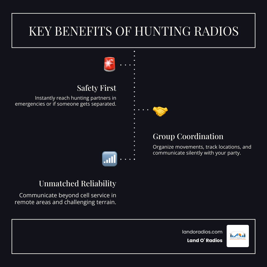 infographic showing three main benefits of hunting radios: Safety with icon of hunter with emergency symbol, Coordination with icon of multiple hunters connected by radio waves across terrain, and Reliability with icon of radio signal penetrating through trees and mountains where cell phones fail - hunting radios infographic infographic-line-3-steps-dark