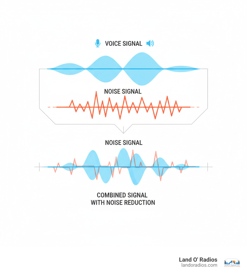 infographic showing three sound waves: a clear voice signal wave at the top, a jagged noise signal wave in the middle, and a combined wave at the bottom where the noise portions are significantly reduced while the voice signal remains clear and strong - motorola noise-cancelling radio infographic 