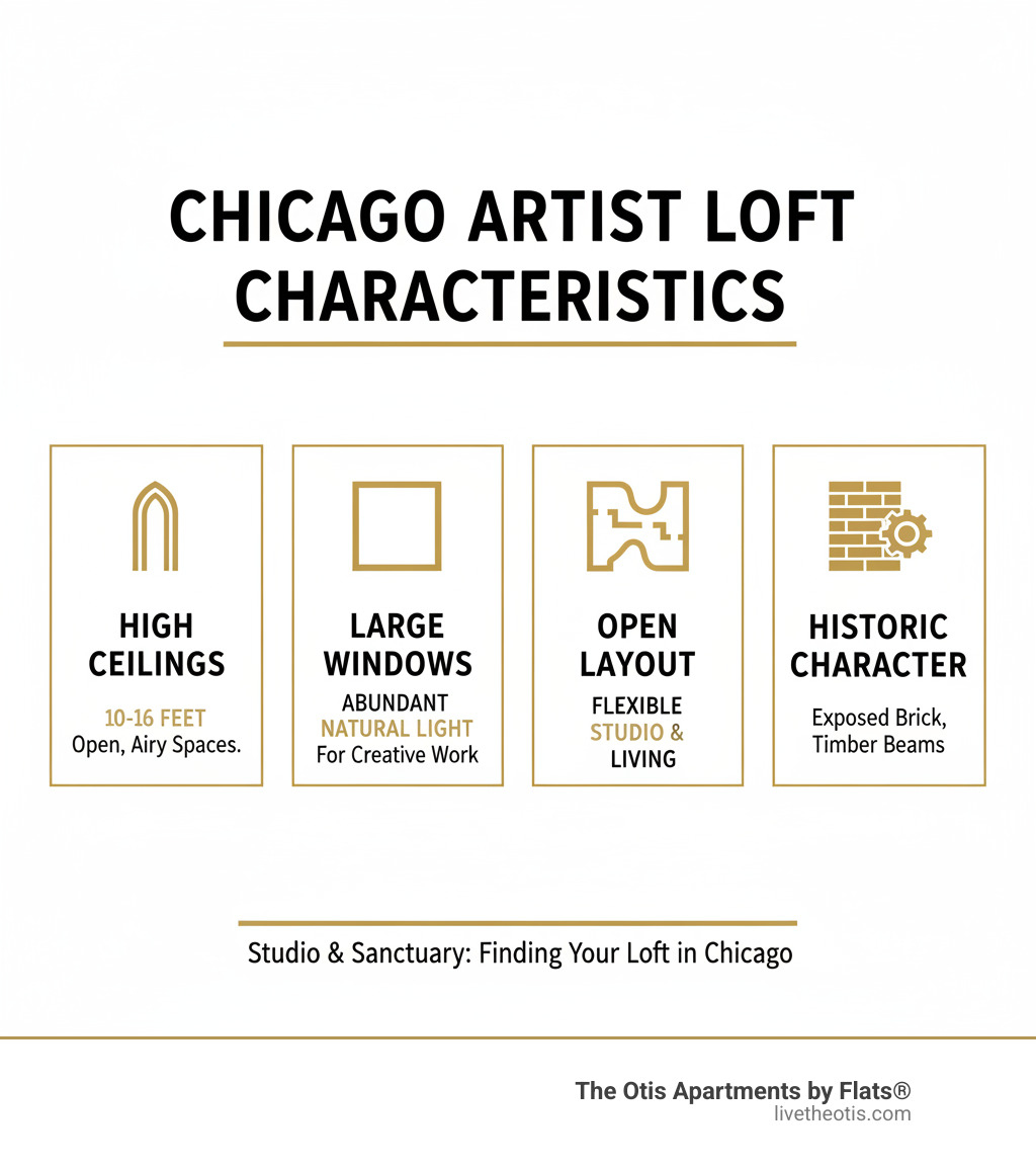 Infographic showing the four key characteristics of a Chicago artist loft: High Ceilings (10-16 feet) creating open, airy spaces; Large Windows providing abundant natural light; Open Layout offering flexible studio and living areas; Historic Character featuring exposed brick, timber beams, or industrial details - artist loft rental chicago infographic 