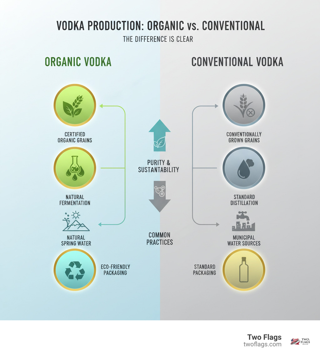 Infographic comparing organic vodka production (starting with certified organic grains grown without synthetic pesticides or GMOs, using natural fermentation without nitrates, multiple distillation for purity, natural spring water, and eco-friendly packaging) versus conventional vodka production (conventionally grown grains with possible pesticide residue, potential chemical additives in fermentation, standard distillation, municipal water sources, and standard packaging) - what is the best organic vodka infographic 