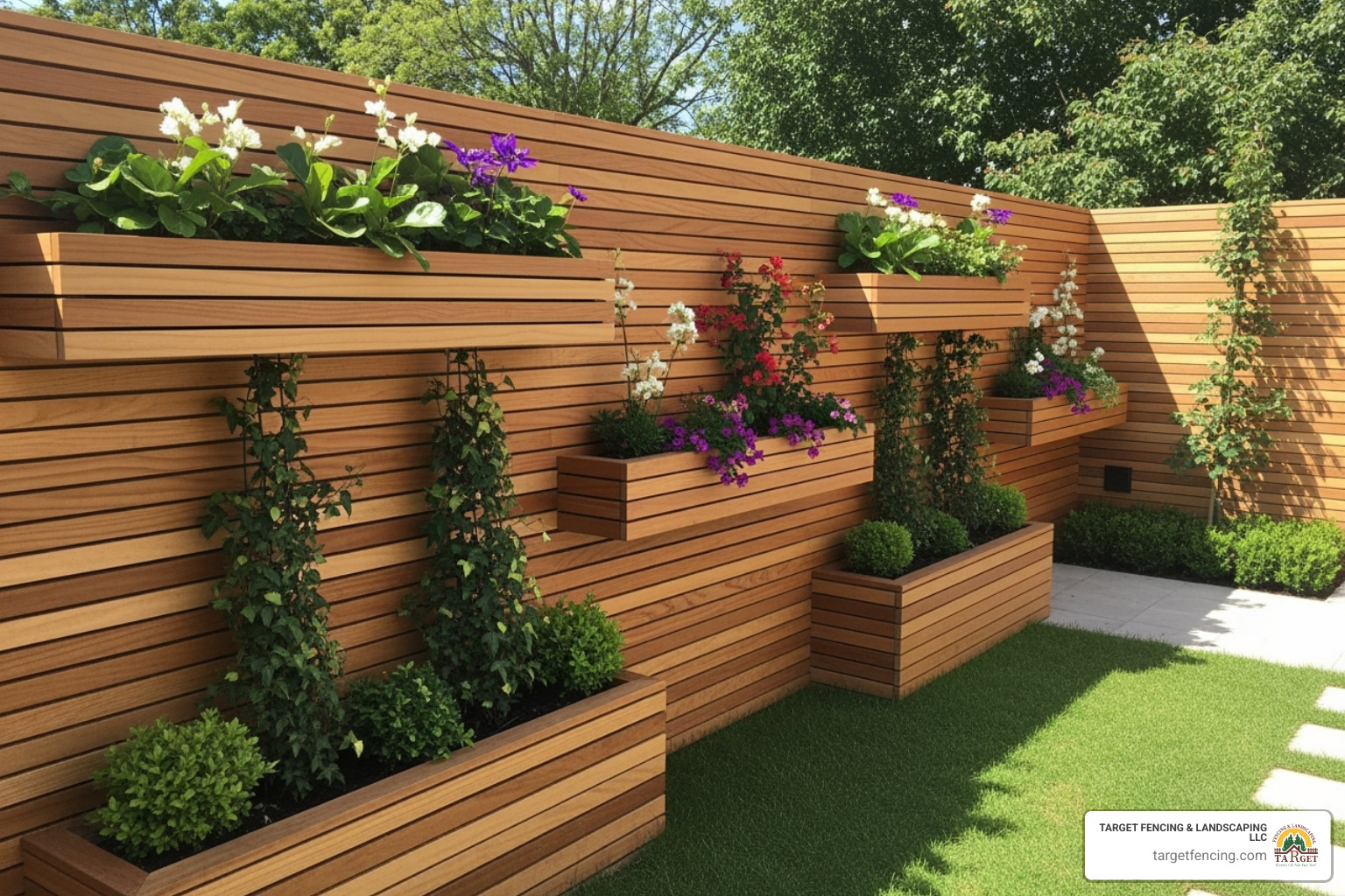Horizontal slat fence integrated with climbing plants and built-in planters - backyard privacy fence