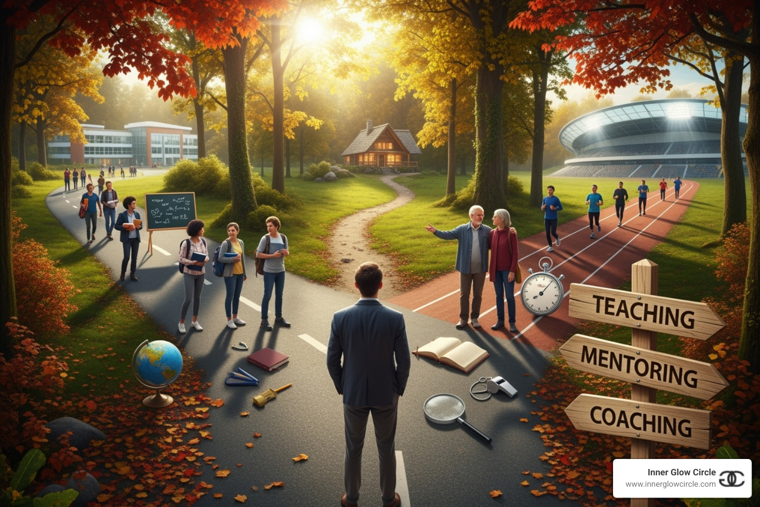 person at a crossroads, considering different paths labeled "Teach," "Mentor," and "Coach" - coaching teaching mentoring