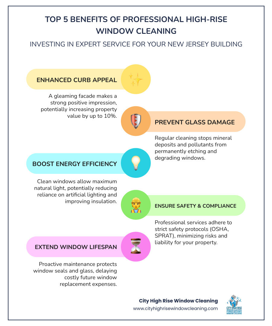 infographic showing the top 5 benefits of professional high-rise window cleaning: enhanced curb appeal and property value, prevention of permanent glass damage from mineral deposits, improved energy efficiency through cleaner windows, compliance with safety regulations and reduced liability, extended window lifespan saving replacement costs - high rise window cleaning new jersey infographic infographic-line-5-steps-colors infographic showing the top 5 benefits of professional high-rise window cleaning: enhanced curb appeal and property value, prevention of permanent glass damage from mineral deposits, improved energy efficiency through cleaner windows, compliance with safety regulations and reduced liability, extended window lifespan saving replacement costs - high rise window cleaning new jersey infographic infographic-line-5-steps-colors