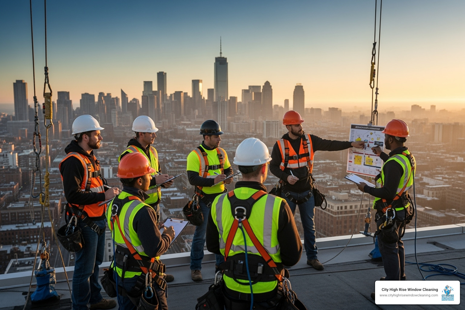 professional team having a pre-work safety meeting on a rooftop - high rise window cleaning new jersey professional team having a pre-work safety meeting on a rooftop - high rise window cleaning new jersey