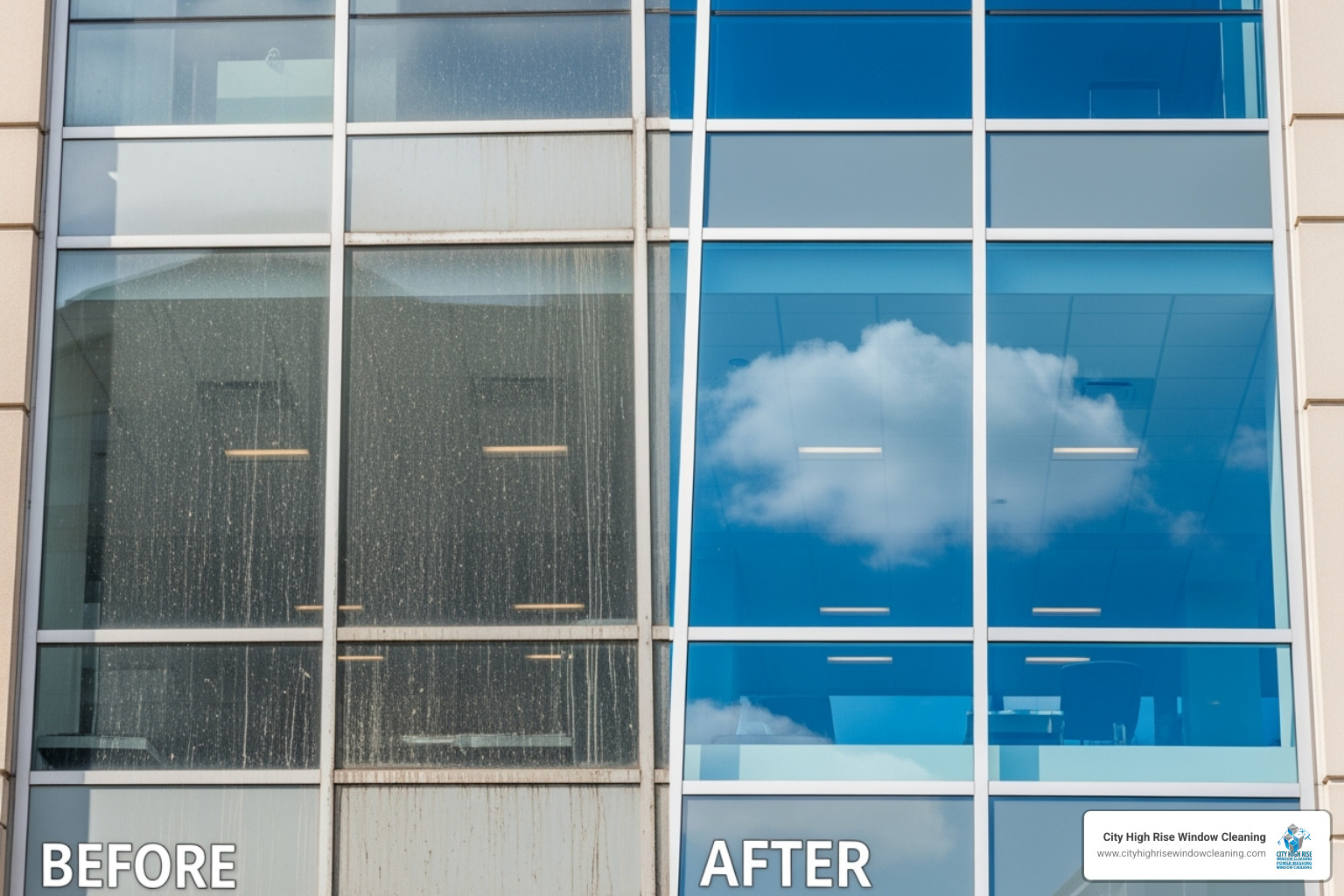 before-and-after shot of a commercial building's windows - high rise window cleaning new jersey before-and-after shot of a commercial building's windows - high rise window cleaning new jersey