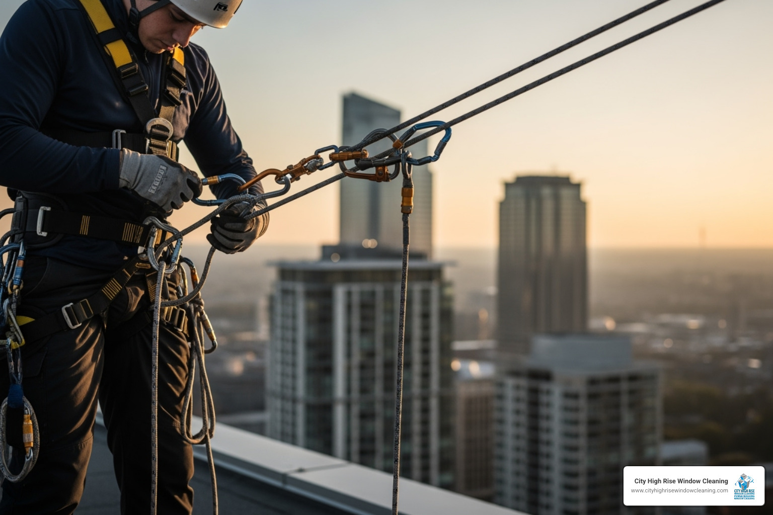 certified technician inspecting their rope access safety gear - high rise window cleaning new jersey certified technician inspecting their rope access safety gear - high rise window cleaning new jersey