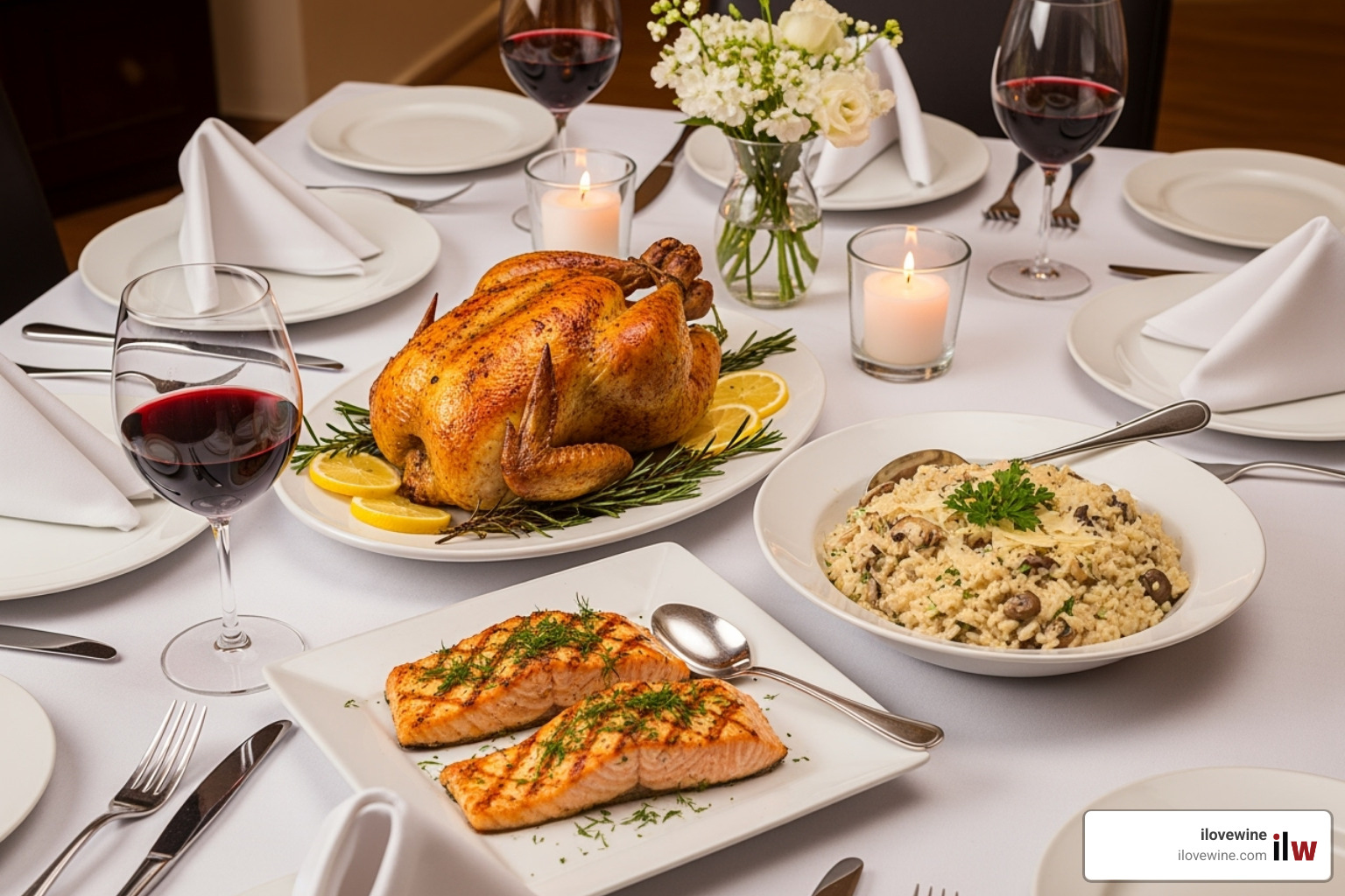 dinner table featuring roast chicken, salmon, and mushroom risotto paired with Pinot Noir - best american pinot noir under 20