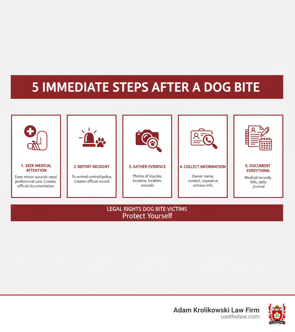 Infographic showing 5 immediate steps after a dog bite: 1. Seek medical attention immediately - even minor wounds need professional care and create official documentation. 2. Report the incident to animal control and/or police - this creates an official record and protects others. 3. Gather evidence - take photos of injuries, the location, and any visible wounds before they heal. 4. Collect information - get the dog owner's name, contact details, insurance information, and witness contacts. 5. Document everything - keep all medical records, bills, and a daily journal of symptoms and recovery progress. - Legal rights dog bite victims infographic Infographic showing 5 immediate steps after a dog bite: 1. Seek medical attention immediately - even minor wounds need professional care and create official documentation. 2. Report the incident to animal control and/or police - this creates an official record and protects others. 3. Gather evidence - take photos of injuries, the location, and any visible wounds before they heal. 4. Collect information - get the dog owner's name, contact details, insurance information, and witness contacts. 5. Document everything - keep all medical records, bills, and a daily journal of symptoms and recovery progress. - Legal rights dog bite victims infographic
