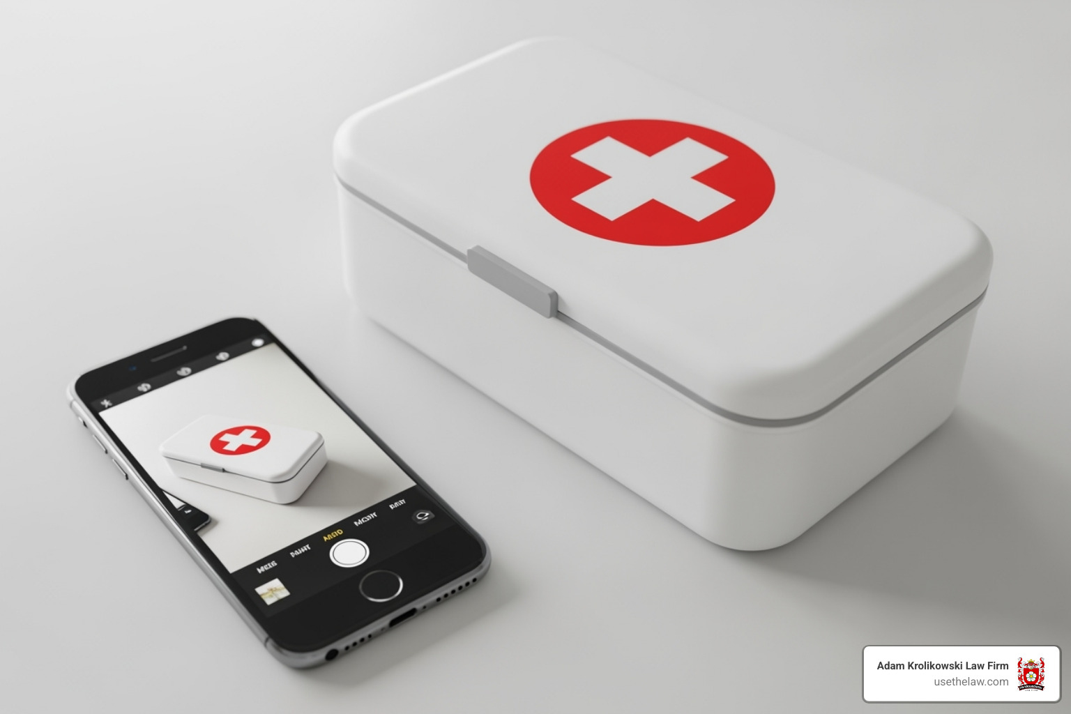 First aid kit next to a smartphone displaying a camera app. - Legal rights dog bite victims First aid kit next to a smartphone displaying a camera app. - Legal rights dog bite victims
