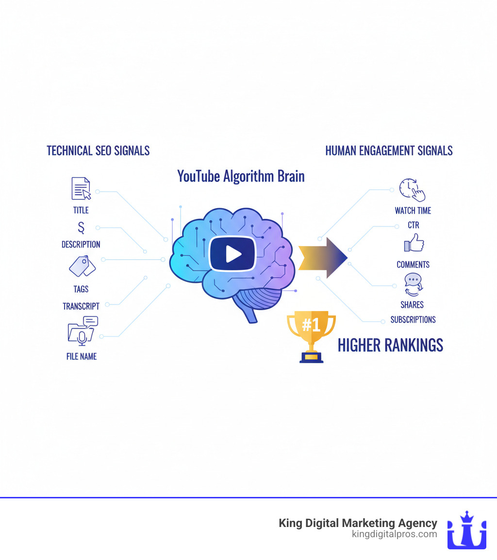 Infographic showing YouTube ranking algorithm components: Technical SEO signals (title, description, tags, transcript, file name) pointing to YouTube's algorithm brain icon, and Human engagement signals (watch time, CTR, likes, comments, shares, subscriptions) also pointing to the same brain, with an arrow leading to "Higher Rankings" represented by a #1 trophy - rank your videos on youtube infographic Infographic showing YouTube ranking algorithm components: Technical SEO signals (title, description, tags, transcript, file name) pointing to YouTube's algorithm brain icon, and Human engagement signals (watch time, CTR, likes, comments, shares, subscriptions) also pointing to the same brain, with an arrow leading to "Higher Rankings" represented by a #1 trophy - rank your videos on youtube infographic
