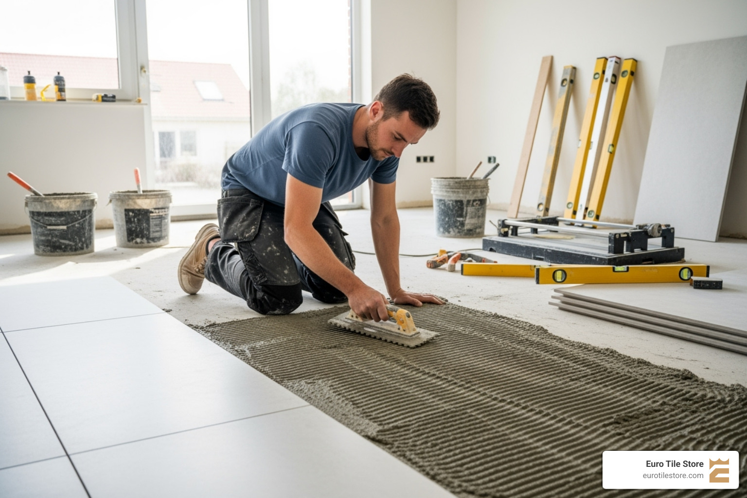 Tiler applying Mapei large format tile mortar with a notched trowel - mapei large format tile mortar Tiler applying Mapei large format tile mortar with a notched trowel - mapei large format tile mortar