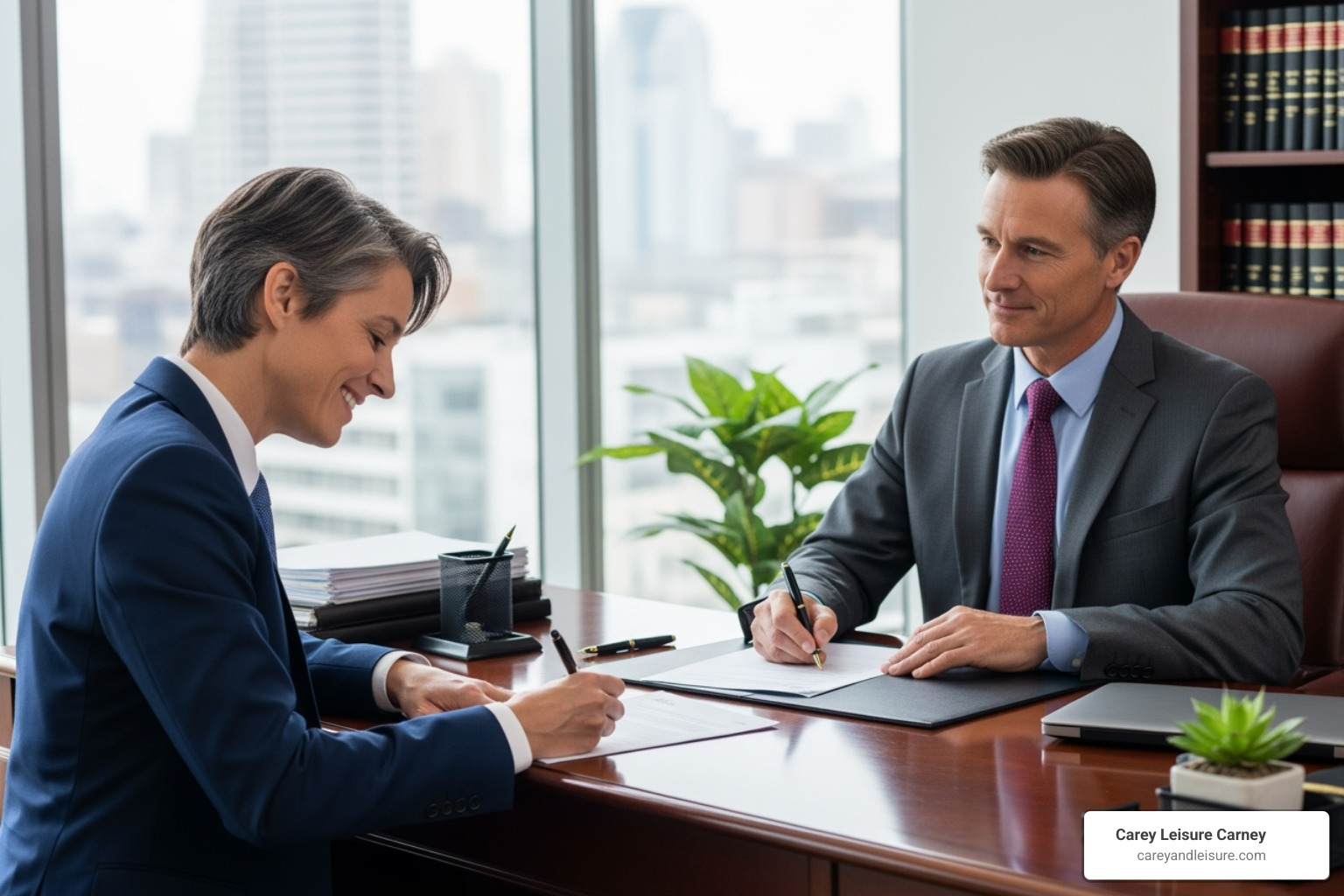A person signing a legal document with a lawyer, looking relieved. - personal injury lawyer New Port Richey