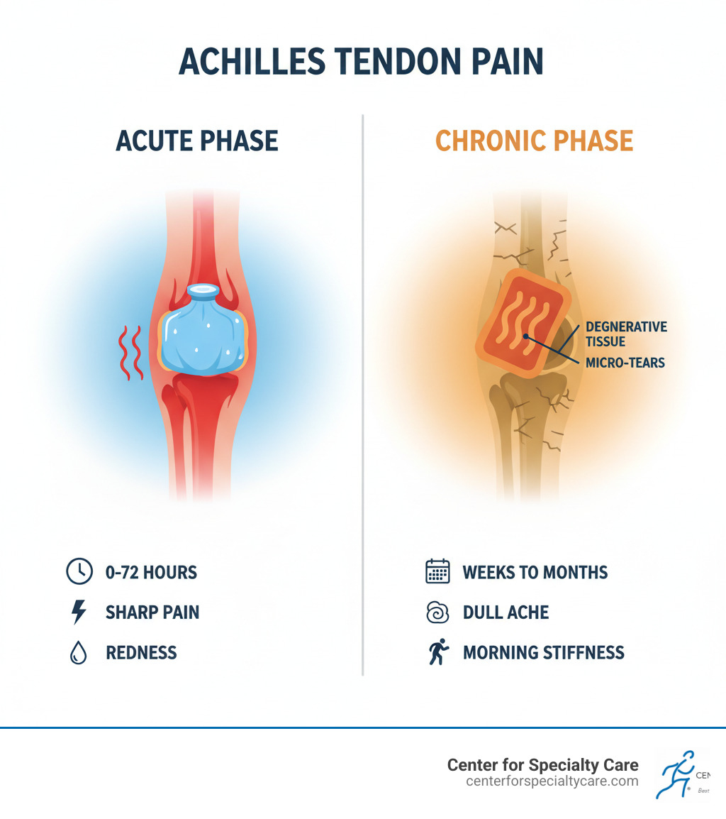 Infographic comparing acute vs chronic Achilles tendon pain: Left side shows acute phase with red inflamed tendon, swelling, ice pack application, timeframe of 0-72 hours, symptoms of sharp pain and redness; Right side shows chronic phase with degenerative tendon tissue, micro-tears, heat pad application, timeframe of weeks to months, symptoms of dull ache and morning stiffness - heating pad for achilles tendonitis infographic 