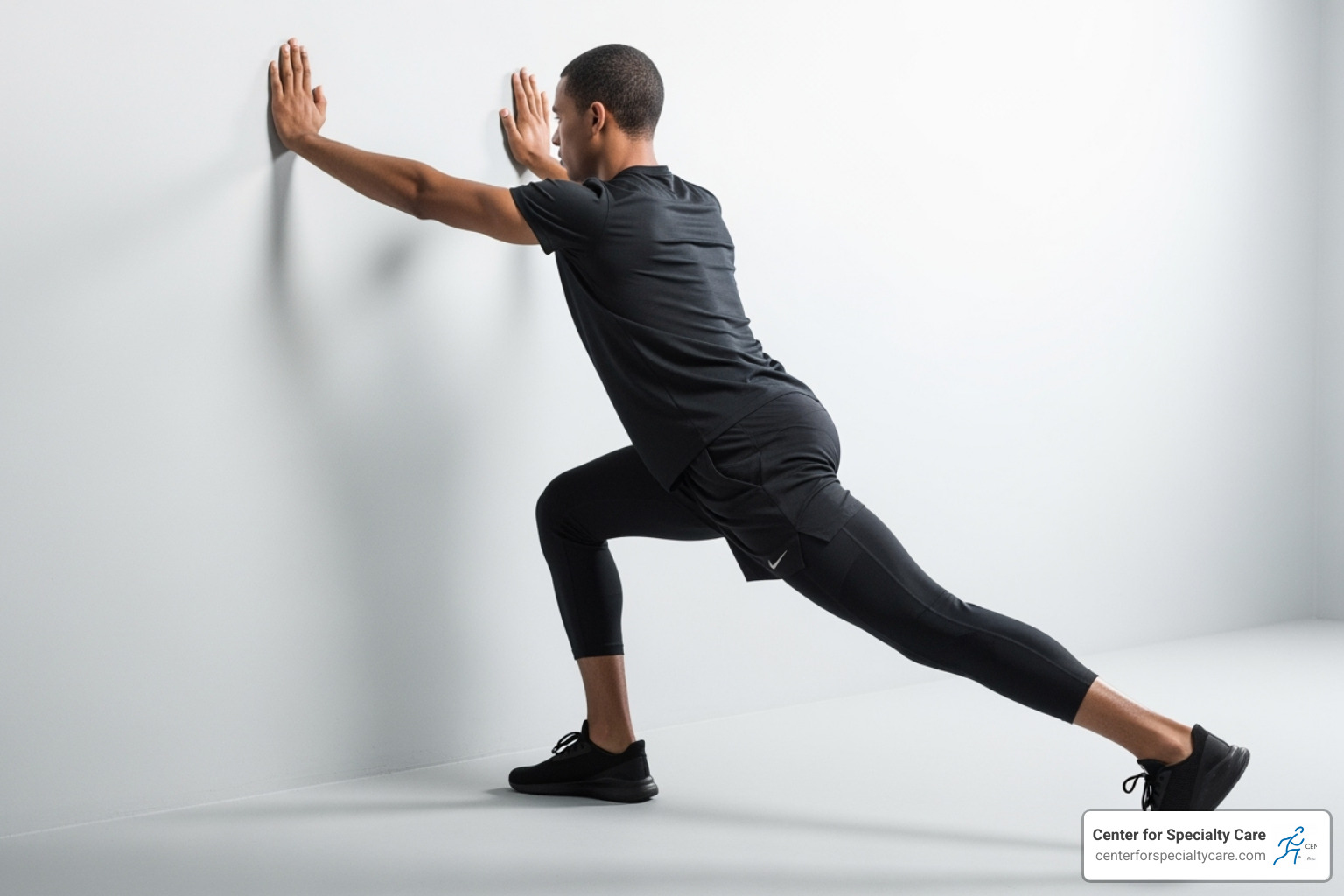 A person performing a calf stretch against a wall, demonstrating proper form with one leg back and heel on the ground. - heating pad for achilles tendonitis