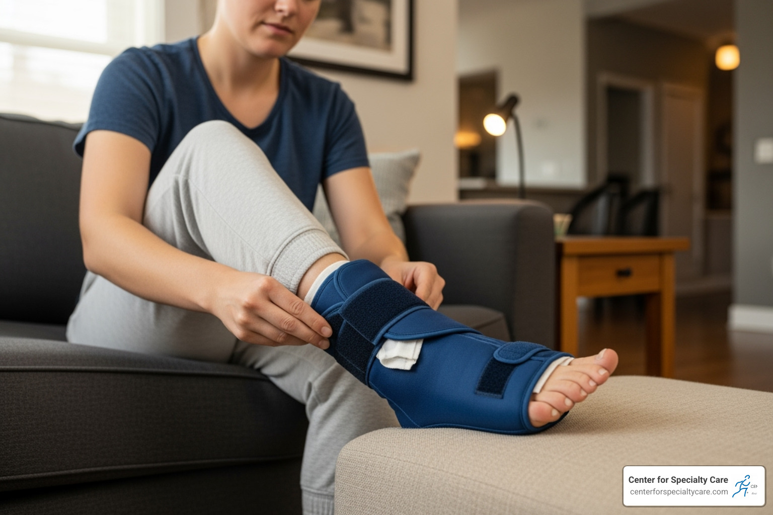 A person sitting comfortably, carefully wrapping an ankle-specific heating pad around their Achilles tendon area, with a thin cloth visible between the pad and their skin. - heating pad for achilles tendonitis