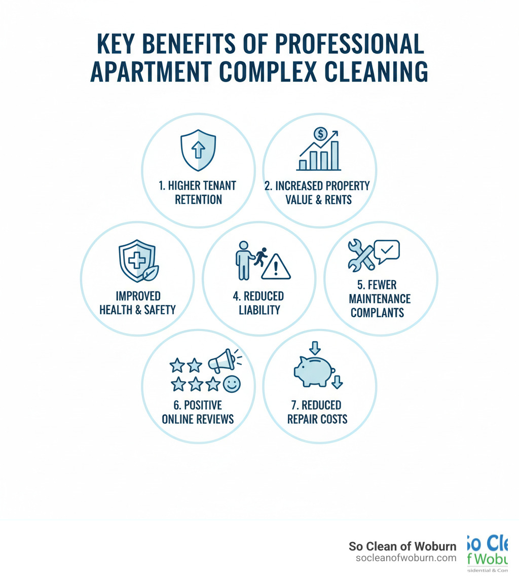 Infographic showing the key benefits of professional apartment complex cleaning: 1) Higher tenant retention through improved satisfaction, 2) Increased property value and ability to command premium rents, 3) Improved health and safety through regular sanitization and allergen reduction, 4) Reduced liability from slip-and-fall accidents, 5) Fewer maintenance complaints and issues, 6) Positive online reviews attracting quality tenants, 7) Reduced long-term repair costs from neglect - apartment complex cleaning infographic 