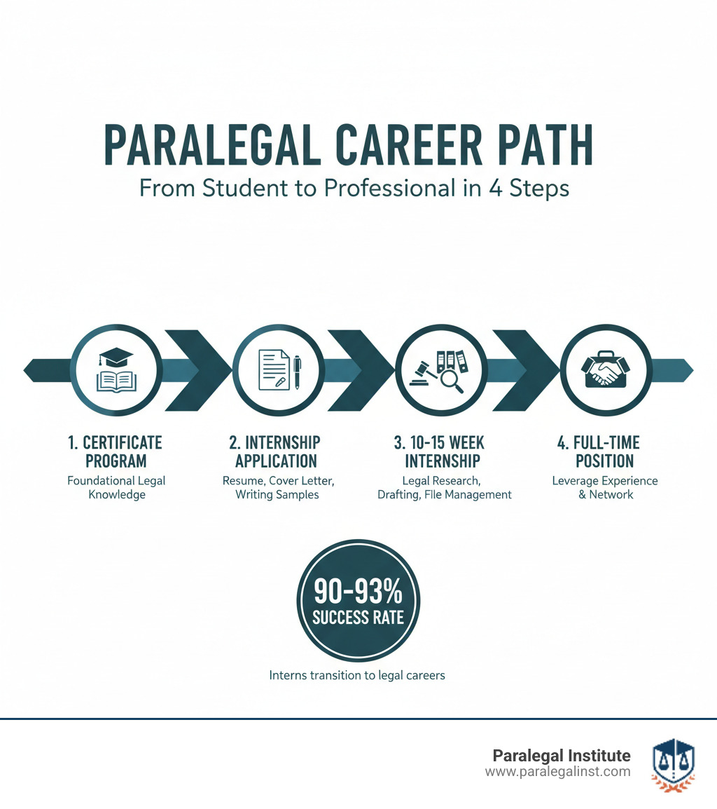 Infographic showing the path from paralegal student to employed paralegal: Step 1 - Complete paralegal training program and gain foundational legal knowledge; Step 2 - Apply for paralegal internship programs with resume, cover letter, and writing samples; Step 3 - Complete 10-15 week internship performing legal research, document drafting, and client file management; Step 4 - Leverage internship experience and professional network to secure full-time paralegal position; 90-93% of interns successfully transition to legal careers - paralegal internship program infographic Infographic showing the path from paralegal student to employed paralegal: Step 1 - Complete paralegal training program and gain foundational legal knowledge; Step 2 - Apply for paralegal internship programs with resume, cover letter, and writing samples; Step 3 - Complete 10-15 week internship performing legal research, document drafting, and client file management; Step 4 - Leverage internship experience and professional network to secure full-time paralegal position; 90-93% of interns successfully transition to legal careers - paralegal internship program infographic