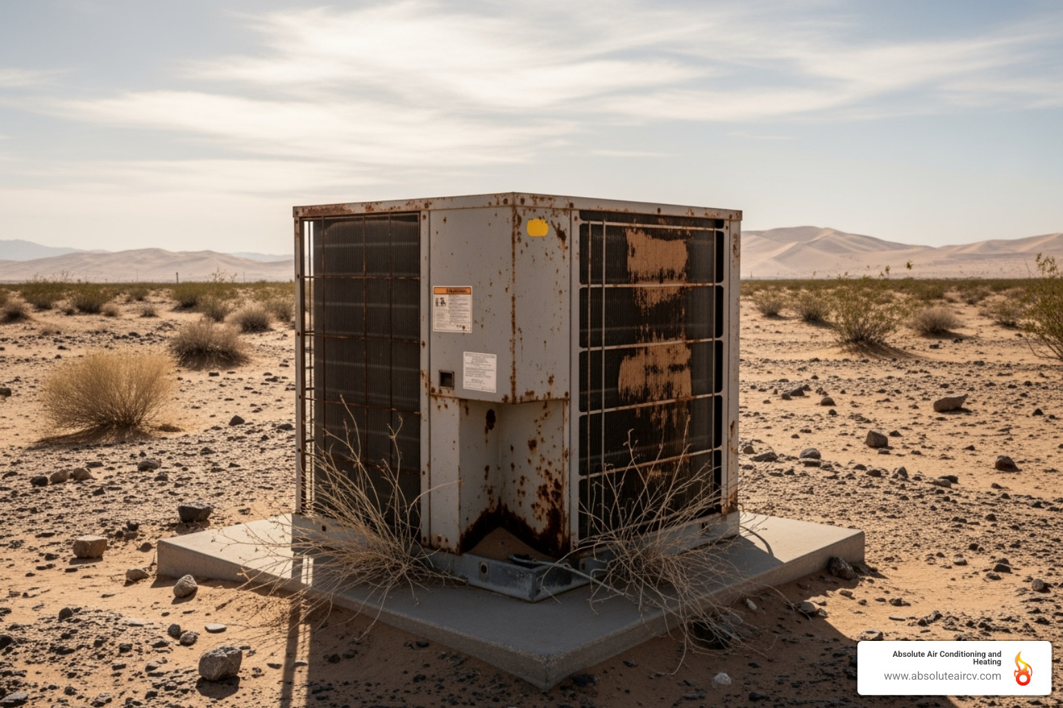 An old, weathered outdoor AC unit struggling in the harsh desert sun - air conditioner installation palm springs An old, weathered outdoor AC unit struggling in the harsh desert sun - air conditioner installation palm springs