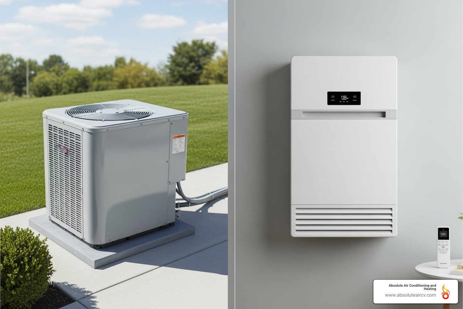 A split image showing a modern central AC outdoor unit on one side and a sleek ductless mini-split indoor unit on a wall on the other - air conditioner installation palm springs A split image showing a modern central AC outdoor unit on one side and a sleek ductless mini-split indoor unit on a wall on the other - air conditioner installation palm springs