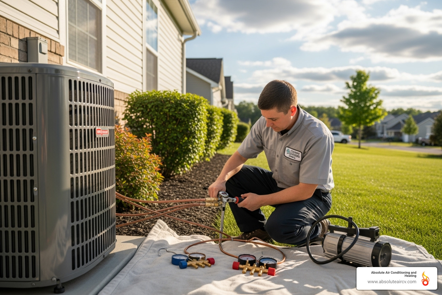 A professional HVAC technician carefully installing an outdoor AC unit with precision tools - air conditioner installation palm springs A professional HVAC technician carefully installing an outdoor AC unit with precision tools - air conditioner installation palm springs