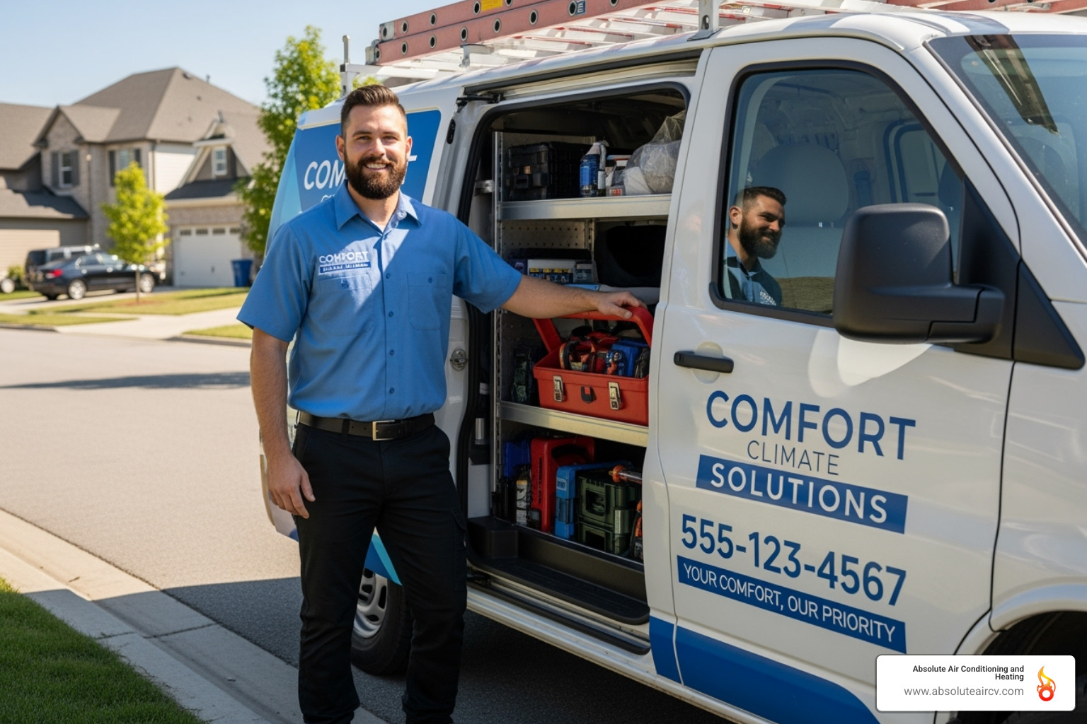 A friendly, professional HVAC technician smiling beside a clean company van, ready for service - air conditioner installation palm springs A friendly, professional HVAC technician smiling beside a clean company van, ready for service - air conditioner installation palm springs