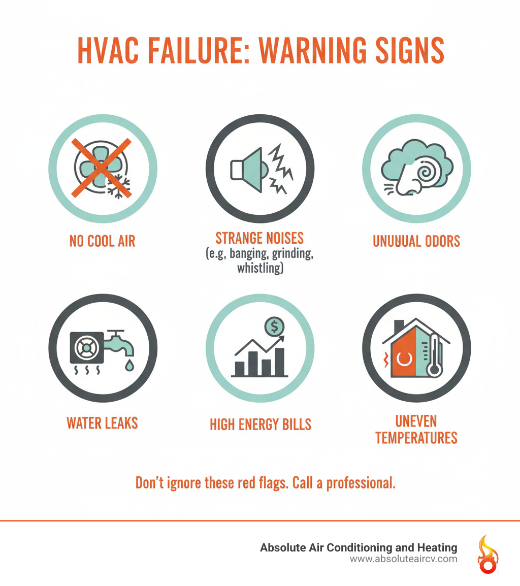 Infographic showing warning signs of HVAC failure including no cool air, strange noises, unusual odors, water leaks, high energy bills, and uneven temperatures throughout the home - 24 hour hvac repair palm desert infographic Infographic showing warning signs of HVAC failure including no cool air, strange noises, unusual odors, water leaks, high energy bills, and uneven temperatures throughout the home - 24 hour hvac repair palm desert infographic