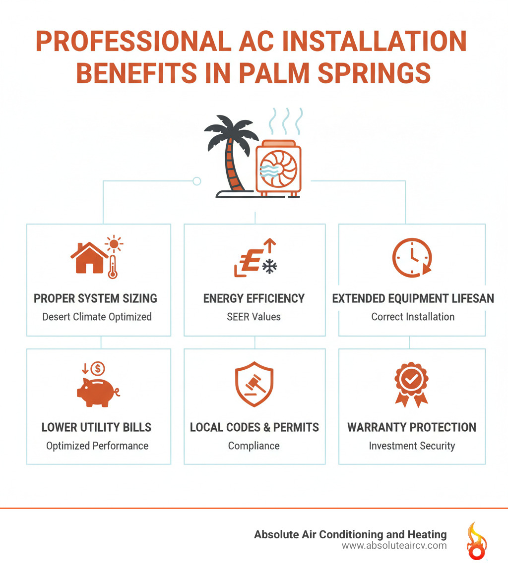 Infographic showing key benefits of professional AC installation in Palm Springs: proper system sizing for desert climate, energy efficiency ratings and SEER values, extended equipment lifespan through correct installation, lower utility bills from optimized performance, compliance with local codes and permits, and warranty protection for your investment - air conditioner installation palm springs infographic Infographic showing key benefits of professional AC installation in Palm Springs: proper system sizing for desert climate, energy efficiency ratings and SEER values, extended equipment lifespan through correct installation, lower utility bills from optimized performance, compliance with local codes and permits, and warranty protection for your investment - air conditioner installation palm springs infographic