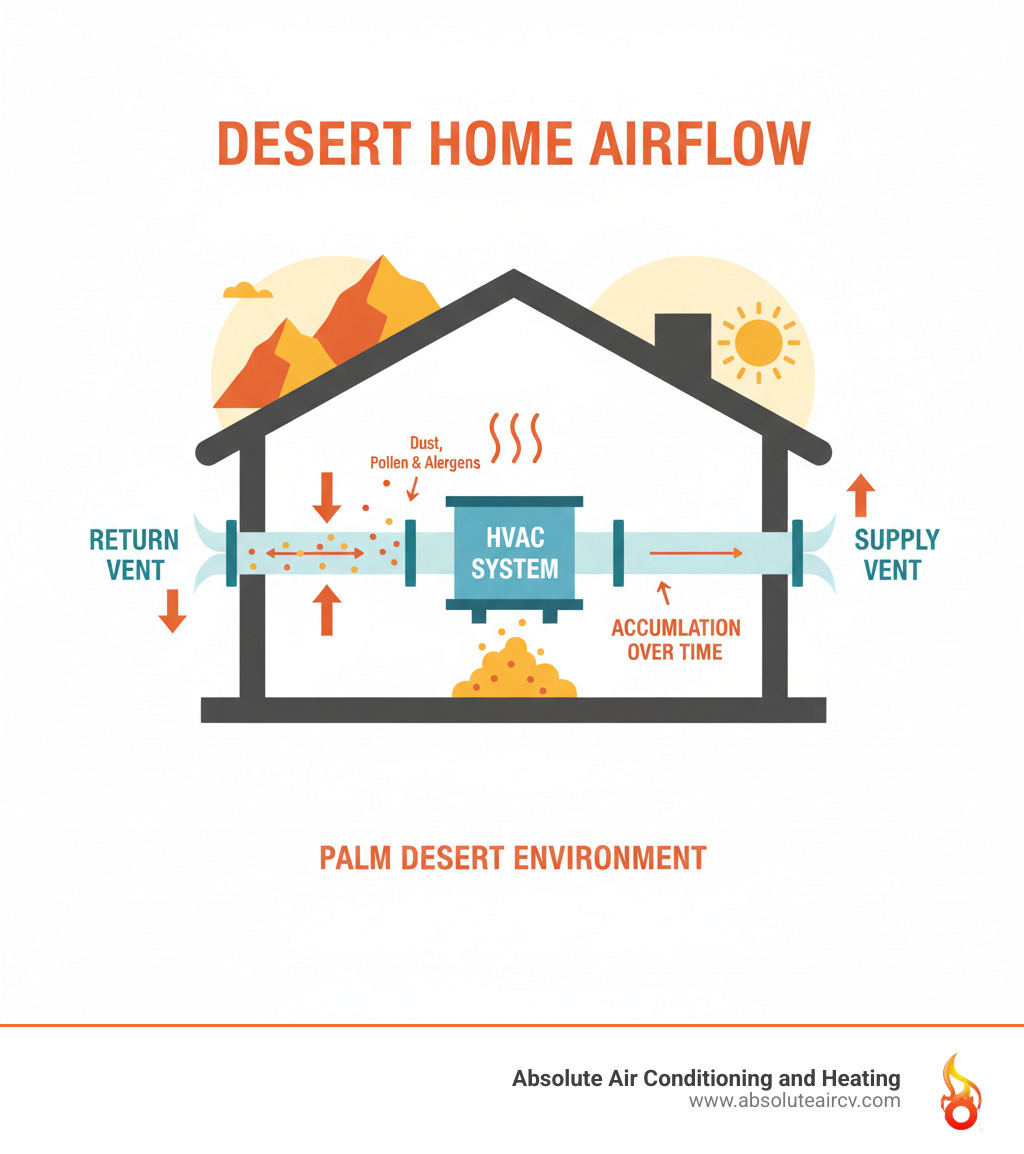 Infographic showing how dust, pollen, and allergens circulate through a home's HVAC system, with arrows indicating airflow from return vents through ductwork to supply vents, and particles accumulating in ducts over time in a desert environment - air duct maintenance palm desert infographic Infographic showing how dust, pollen, and allergens circulate through a home's HVAC system, with arrows indicating airflow from return vents through ductwork to supply vents, and particles accumulating in ducts over time in a desert environment - air duct maintenance palm desert infographic